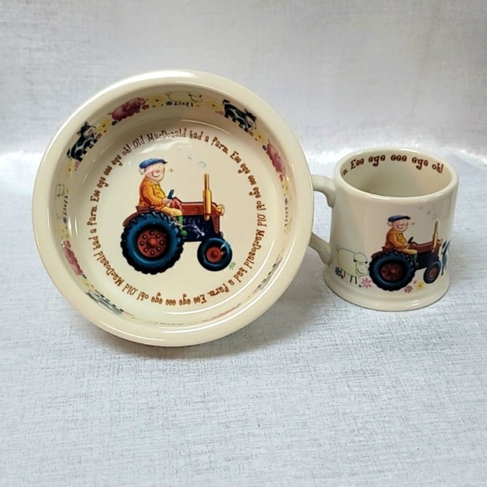 ANDERTON POTTERY 1890 ENGLAND CERAMIC CHILD'S BOWL & MUG SET OLD MACDONALD